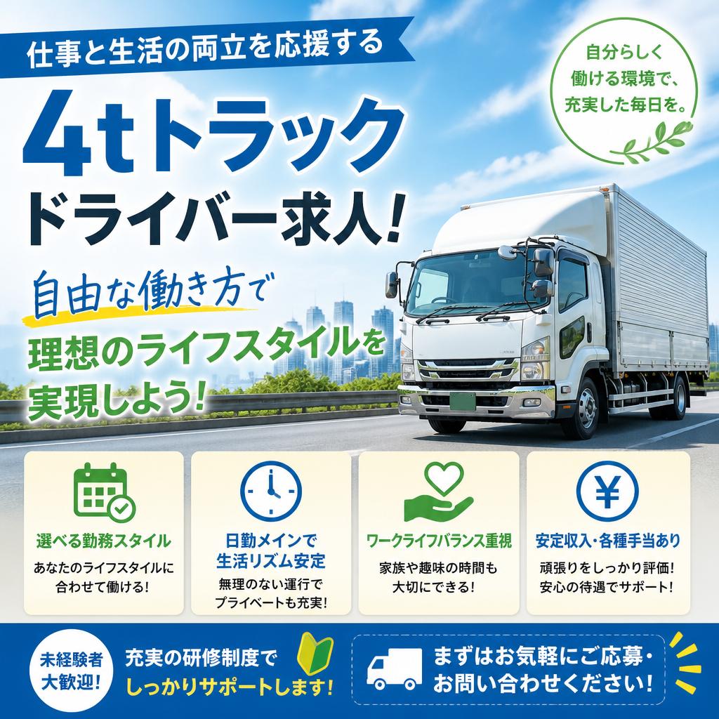仕事と生活の両立を応援する4tトラックドライバー求人！自由な働き方で理想のライフスタイルを実現しよう！