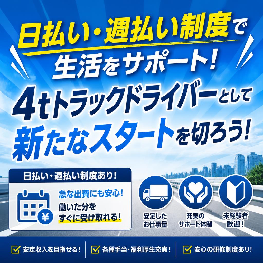 日払い・週払い制度で生活をサポート！4tトラックドライバーとして新たなスタートを切ろう！