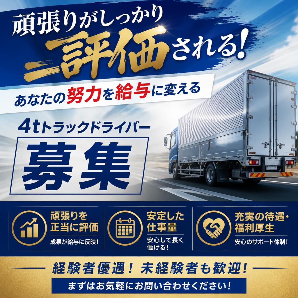 頑張りがしっかり評価される！あなたの努力を給与に変える4tトラックドライバー募集