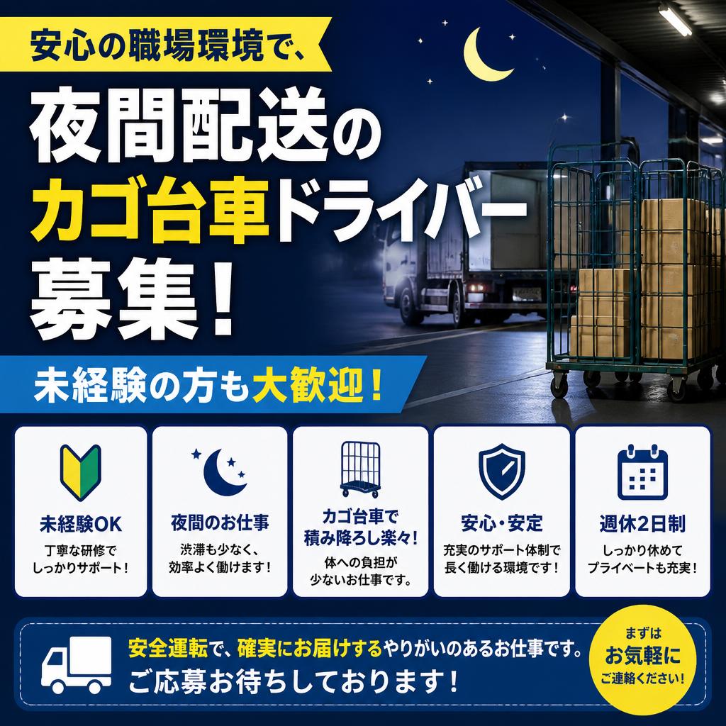 安心の職場環境で、夜間配送のカゴ台車ドライバー募集！未経験の方も大歓迎！