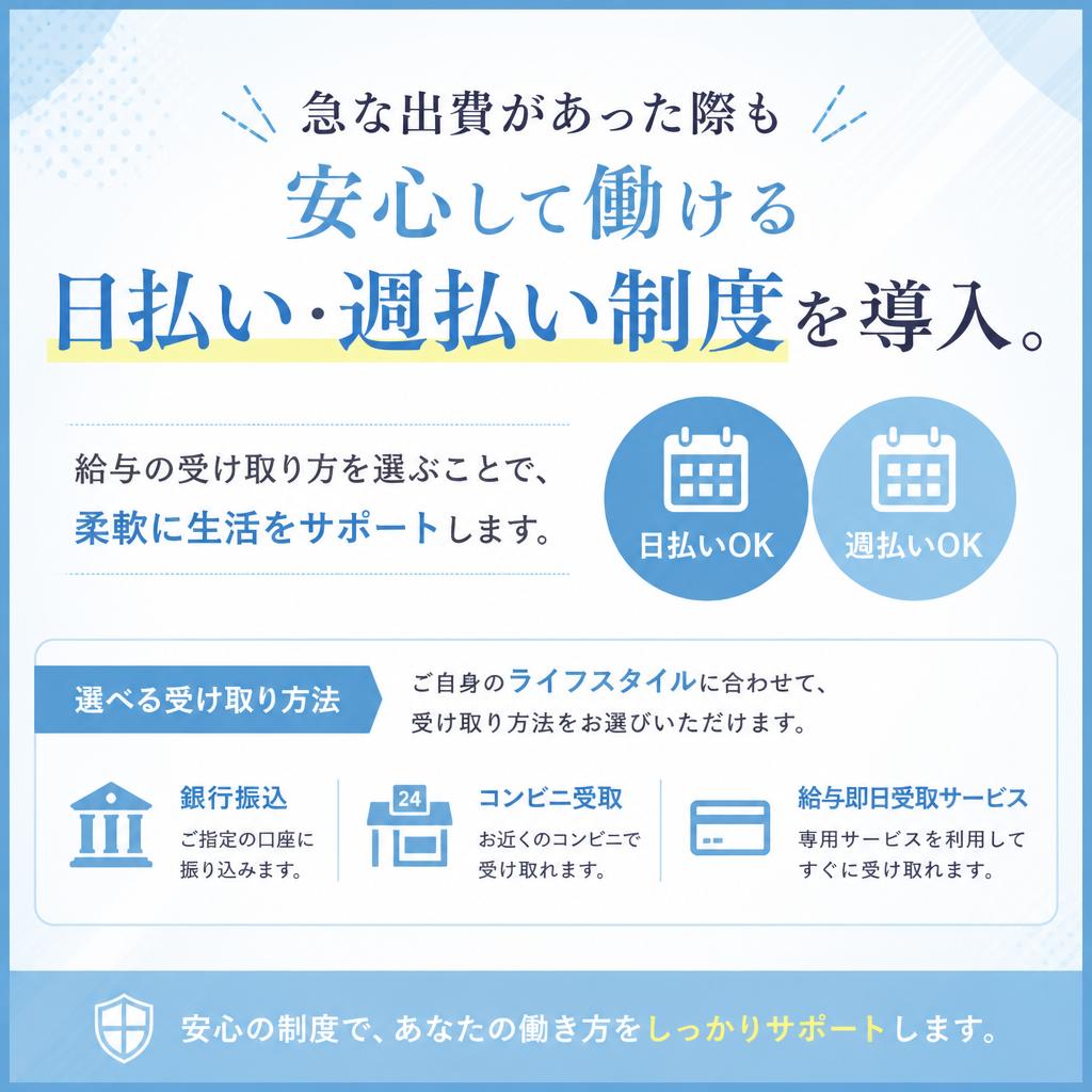 日払い・週払いで急な出費も安心！